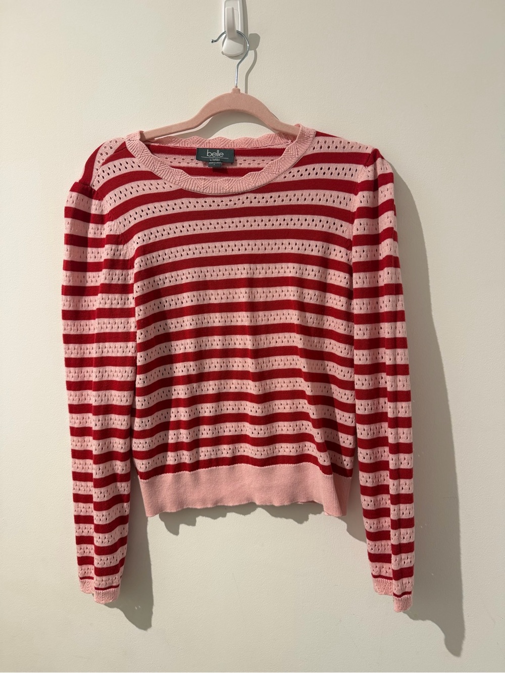 Belle Pink and Red Striped Open-Knit Crew Sweater - Picture 3 of 4